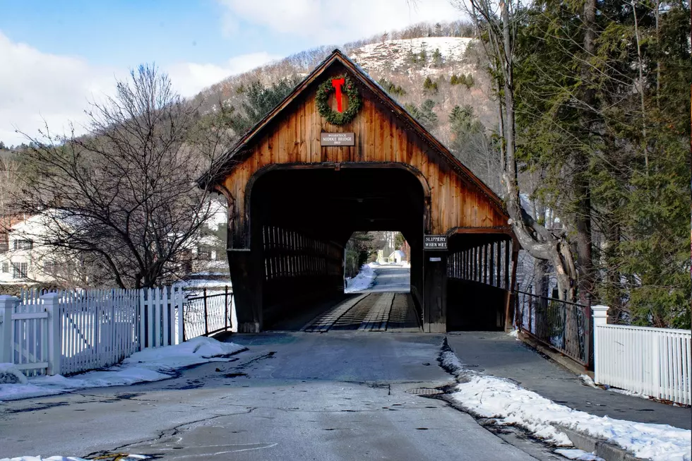 A covered bridge at Christmas in Woodstock, VT
